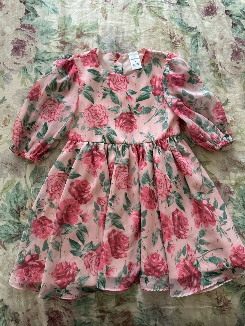 Nordstrom Pink Floral Chiffon Dress with Green Leaves
